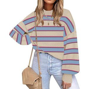 Women's Khaki 2 Batwing Long Sleeve Crew Neck Striped Oversized Pullover Sweater